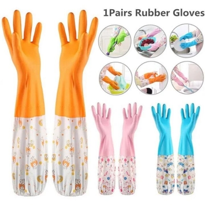 Picture of 1Pair Lengthen Dishwashing Cleaning Glove Durable Waterproof Cleaning Rubber Long Sleeves for Dish Washing Velvet Lining Household Glove- The Asia Express-Multicolor