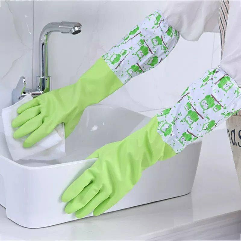 Picture of 1Pair Lengthen Dishwashing Cleaning Glove Durable Waterproof Cleaning Rubber Long Sleeves for Dish Washing Velvet Lining Household Glove- The Asia Express-Multicolor