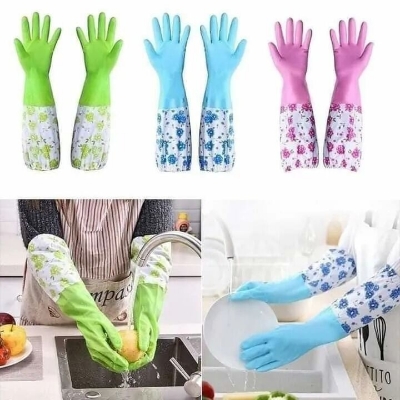 Picture of 1Pair Lengthen Dishwashing Cleaning Glove Durable Waterproof Cleaning Rubber Long Sleeves for Dish Washing Velvet Lining Household Glove- The Asia Express-Multicolor
