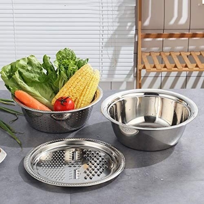 Picture of Germany Multifunctional Stainless Steel Basin Set Mixing Bowl Set Grater Bowl 3 In 1 Salad Maker Bowl Mixing Bowl Set With Drain- The Asia Express