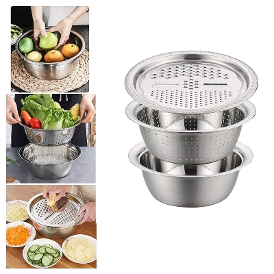 Picture of Germany Multifunctional Stainless Steel Basin Set Mixing Bowl Set Grater Bowl 3 In 1 Salad Maker Bowl Mixing Bowl Set With Drain- The Asia Express