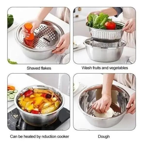 Picture of Germany Multifunctional Stainless Steel Basin Set Mixing Bowl Set Grater Bowl 3 In 1 Salad Maker Bowl Mixing Bowl Set With Drain- The Asia Express