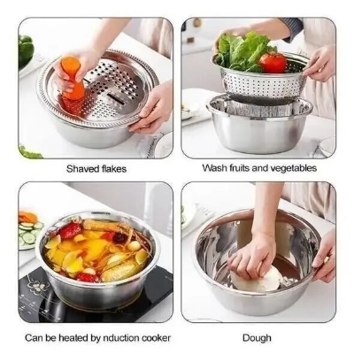 Picture of Germany Multifunctional Stainless Steel Basin Set Mixing Bowl Set Grater Bowl 3 In 1 Salad Maker Bowl Mixing Bowl Set With Drain- The Asia Express