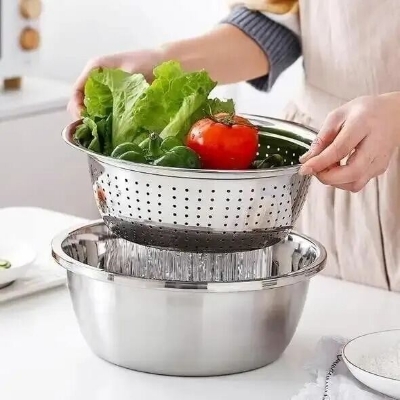 Picture of Germany Multifunctional Stainless Steel Basin Set Mixing Bowl Set Grater Bowl 3 In 1 Salad Maker Bowl Mixing Bowl Set With Drain- The Asia Express