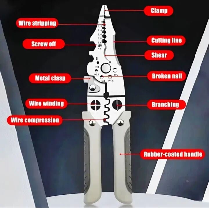 Picture of 8inch Multifunctional Wire Stripper and Crimping Tool or Professionl Electrician Stainless Steel Wire Puller Plier, wire Cutter for Wiring, Looping, Cutting, Splitting, Gripping, Twisting, Nail Pulling and Electrical Stripping Tools- The Asia Express