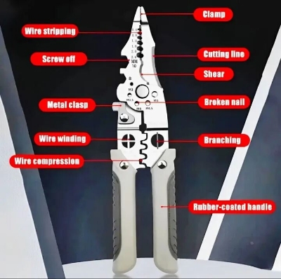 Picture of 8inch Multifunctional Wire Stripper and Crimping Tool or Professionl Electrician Stainless Steel Wire Puller Plier, wire Cutter for Wiring, Looping, Cutting, Splitting, Gripping, Twisting, Nail Pulling and Electrical Stripping Tools- The Asia Express