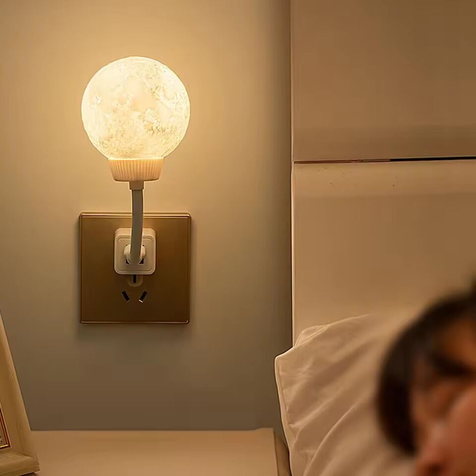 Picture of New Design USB Energy-Saving Voice-Controlled Night Light, Moon-Shaped Plug-In Lamp, 3 Lighting Modes,  Rotating Ambient Light for Home & Bedroom- The Asia Express-White
