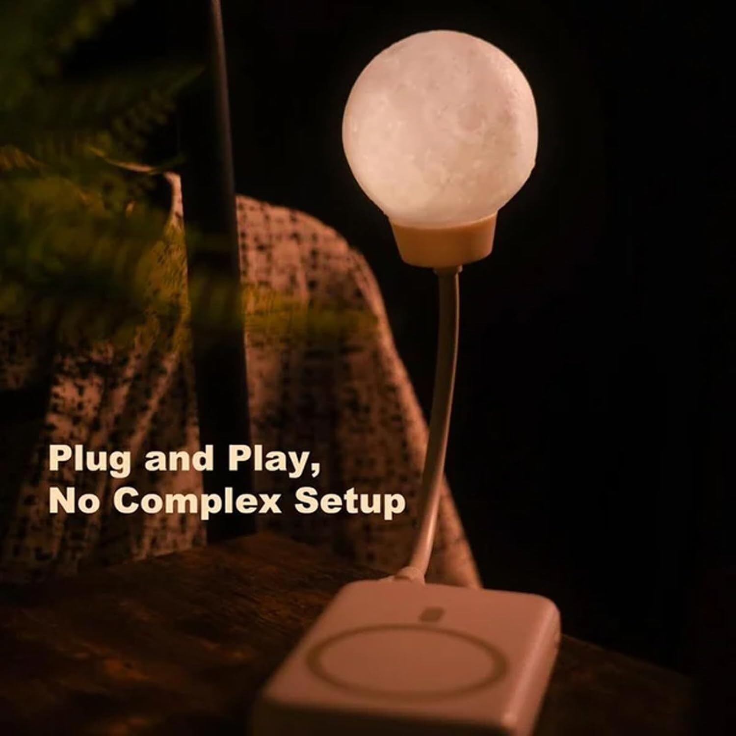 Picture of New Design USB Energy-Saving Voice-Controlled Night Light, Moon-Shaped Plug-In Lamp, 3 Lighting Modes,  Rotating Ambient Light for Home & Bedroom- The Asia Express-White