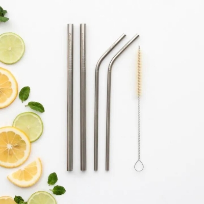 Picture of 4 Pcs Reusable Stainless Steel Drinking Straws Set Metal Straw Pack with 1 Cleaning Brush Eco-Friendly Reusable Straws for Juice, Coffee, Tea & Cold Drinks- The Asia Express-Silver
