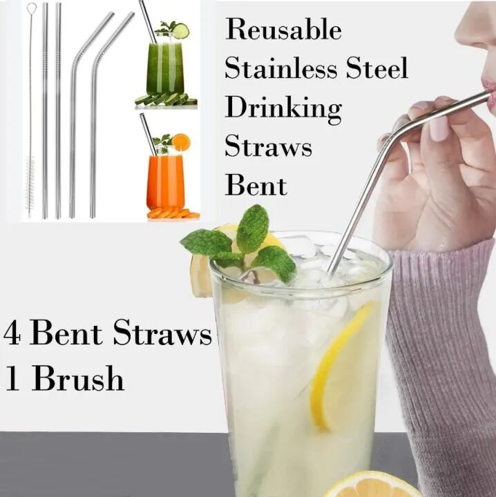 Picture of 4 Pcs Reusable Stainless Steel Drinking Straws Set Metal Straw Pack with 1 Cleaning Brush Eco-Friendly Reusable Straws for Juice, Coffee, Tea & Cold Drinks- The Asia Express-Silver
