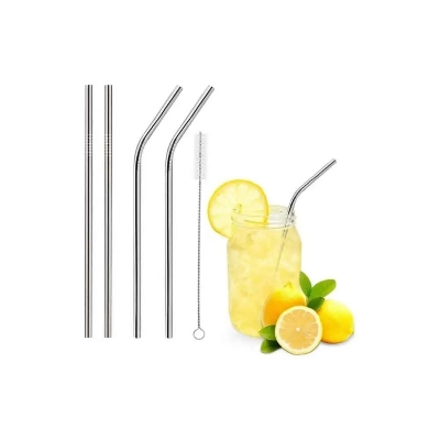 Picture of 4 Pcs Reusable Stainless Steel Drinking Straws Set Metal Straw Pack with 1 Cleaning Brush Eco-Friendly Reusable Straws for Juice, Coffee, Tea & Cold Drinks- The Asia Express-Silver