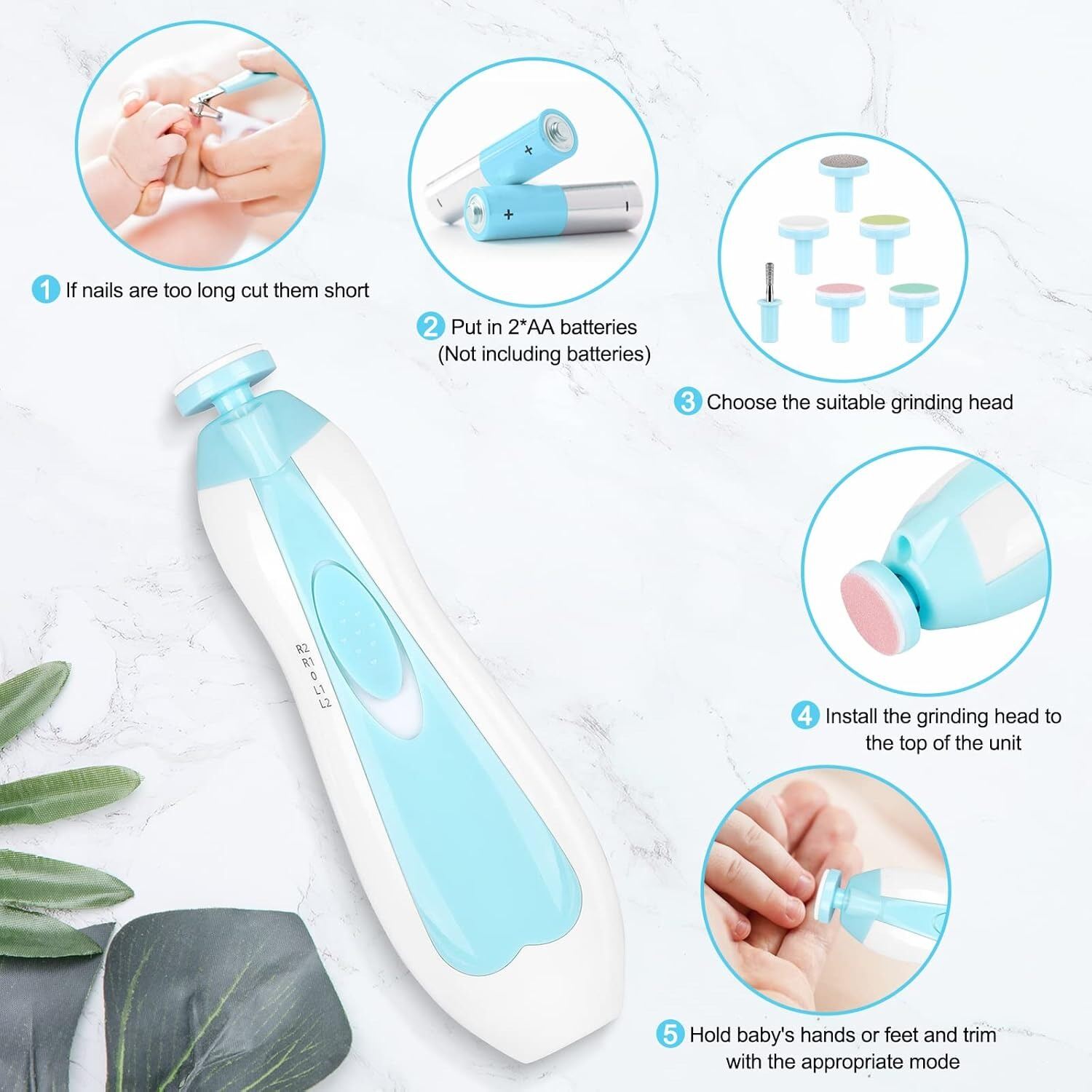 Picture of Electric Baby Nail File with Light – Safe & Gentle Electric Nail Trimmer Clipper Kit for Newborn, Infant & Toddler, Includes 6 Grinding Heads for Toes and Fingernails - The Asia Express