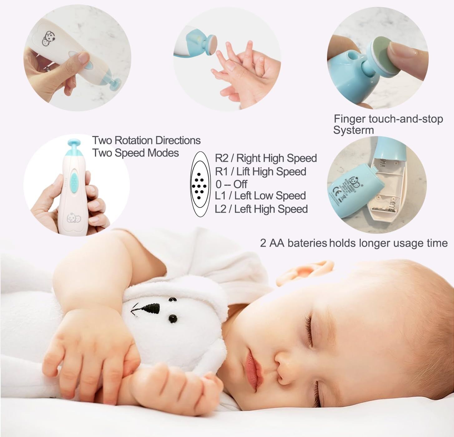 Picture of Electric Baby Nail File with Light – Safe & Gentle Electric Nail Trimmer Clipper Kit for Newborn, Infant & Toddler, Includes 6 Grinding Heads for Toes and Fingernails - The Asia Express