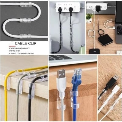 Picture of 20/40 Pcs Transparent Self-Adhesive Cable Clips & Wire Organizer – Strong Sticky Desktop Cable Holder for USB, Charging, Data, LAN & Earphone Wires Home, Office & Workspace Cable Management Solution - The Asia Express-20-Pcs