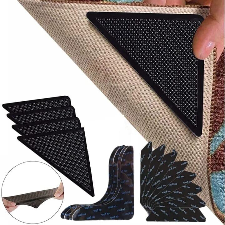 Picture of 4/8 Pcs Triangle Carpet Non-Slip Stickers & Rug Grippers – Washable, Reusable Anti-Skid Double-Sided Pads | Carpet Fixing Patches for Tile, Hardwood & Smooth Floors, Anti-Curling Corner Grips - The Asia Express-4-Pcs