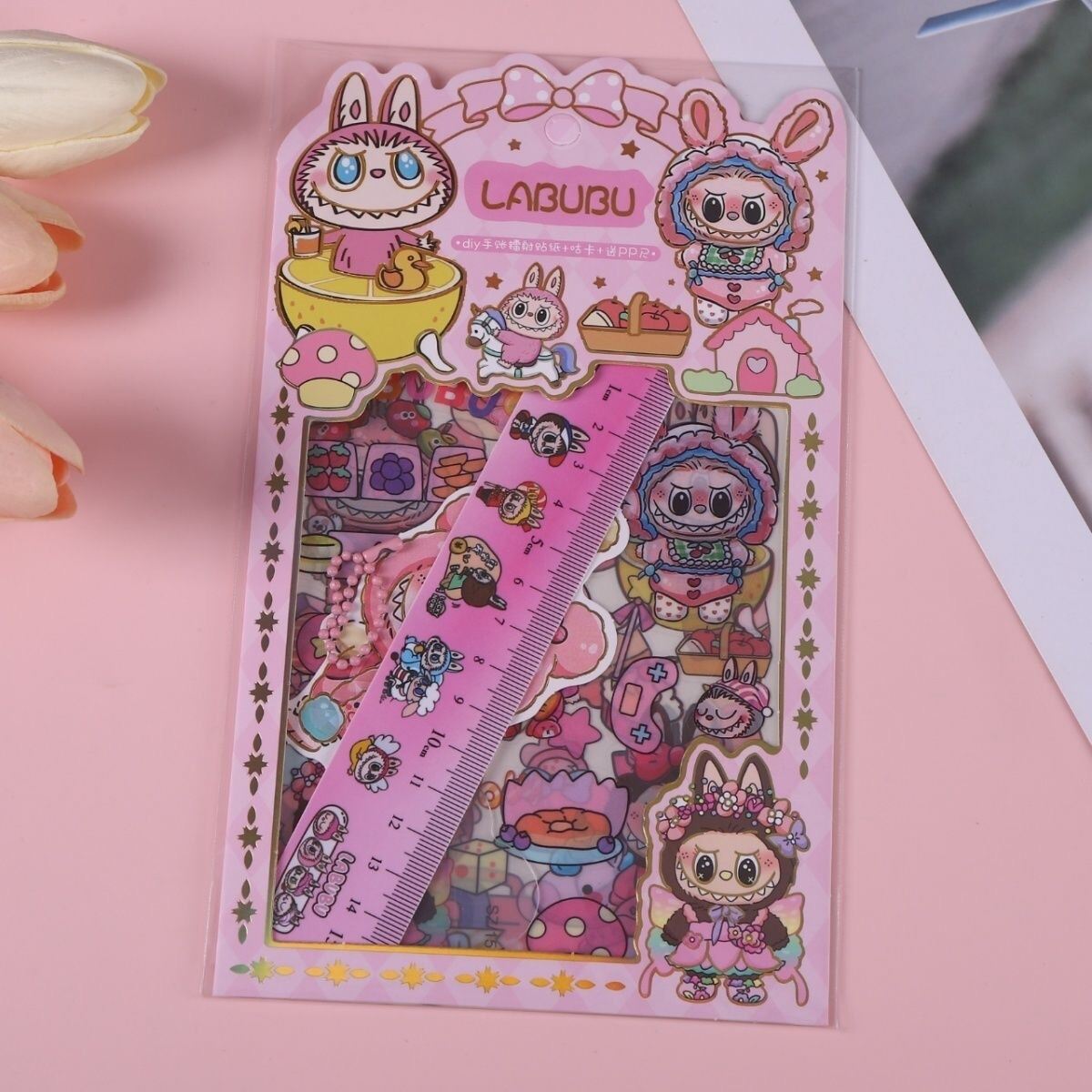 Picture of Labubu Cute Journal & Sticker Set – Japanese Anime Cartoon PET Material Pack with Stickers, Ruler & High-Quality Cute Aesthetic Finish - The Asia Express-Multicolor