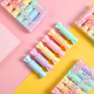Picture of 6 Pcs Mini Cute Candy Shape Dual Tip Highlighter Pens – Fluorescent Water-Based Ink Markers with Fruit Scent | Double-End Coloring & Drawing Stationery for Students & Kids - The Asia Express-Multicolor
