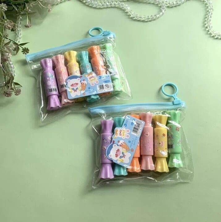 Picture of 6 Pcs Mini Cute Candy Shape Dual Tip Highlighter Pens – Fluorescent Water-Based Ink Markers with Fruit Scent | Double-End Coloring & Drawing Stationery for Students & Kids - The Asia Express-Multicolor