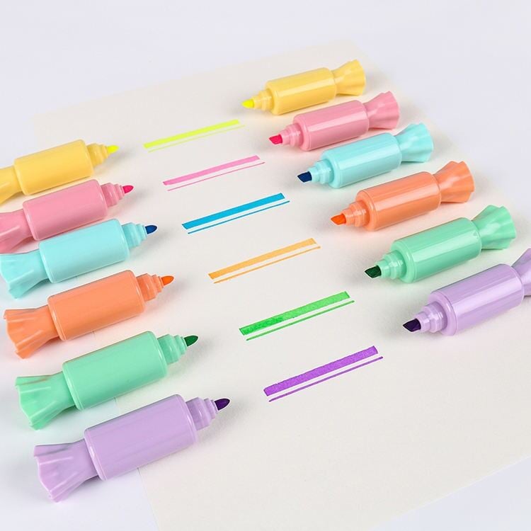 Picture of 6 Pcs Mini Cute Candy Shape Dual Tip Highlighter Pens – Fluorescent Water-Based Ink Markers with Fruit Scent | Double-End Coloring & Drawing Stationery for Students & Kids - The Asia Express-Multicolor