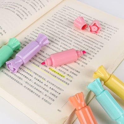 Picture of 6 Pcs Mini Cute Candy Shape Dual Tip Highlighter Pens – Fluorescent Water-Based Ink Markers with Fruit Scent | Double-End Coloring & Drawing Stationery for Students & Kids - The Asia Express-Multicolor