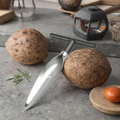 Picture of CETLO Stainless Steel Coconut Opener & Driller Tool – Portable Manual Coconut Knife for Easy Opening of Young Coconuts | Kitchen Gadget for Coconut Water & Peeling - The Asia Express-Silver
