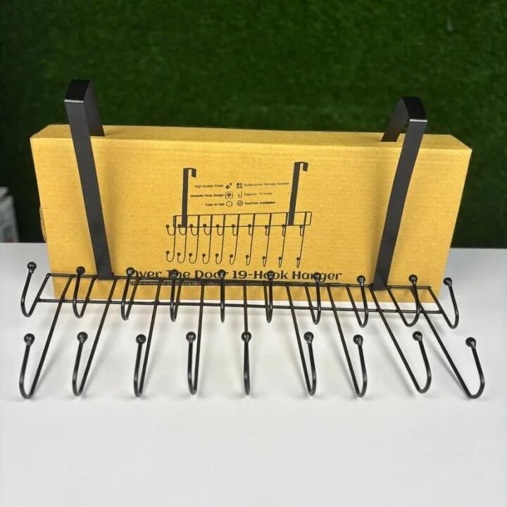Picture of Magic Door Hanger with 19 Hooks – 2 Step Space Saver Over-the-Door Steel Organizer for Clothes, Coats, Pants & Kitchen Items - The Asia Express-Black