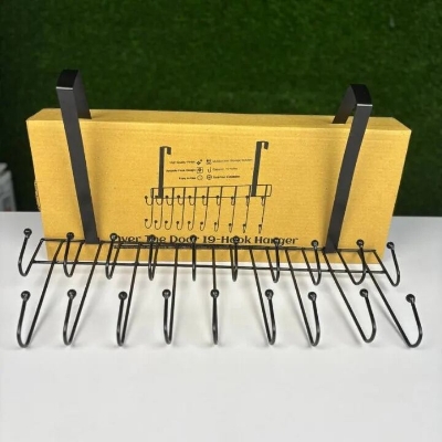 Picture of Magic Door Hanger with 19 Hooks – 2 Step Space Saver Over-the-Door Steel Organizer for Clothes, Coats, Pants & Kitchen Items - The Asia Express-Black
