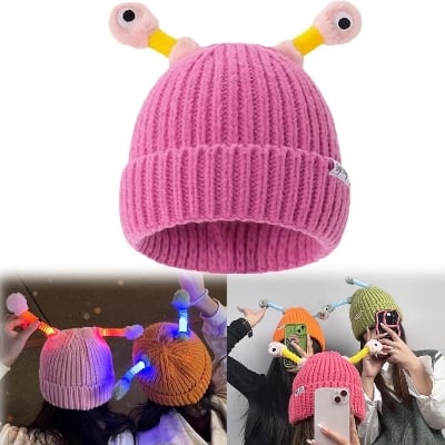Picture of Cute Glowing Little Monster Knit Beanie Hat – Cartoon Luminous Antennae Warm Wool Cap | Kids & Women Winter Hat | Parent-Child Matching Knitted Beanie | Funny Monster Yarn Cap for Autumn & Winter - The Asia Express-Multicolor (One size)