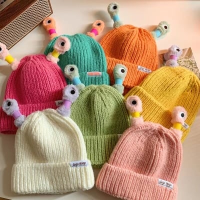 Picture of Cute Glowing Little Monster Knit Beanie Hat – Cartoon Luminous Antennae Warm Wool Cap | Kids & Women Winter Hat | Parent-Child Matching Knitted Beanie | Funny Monster Yarn Cap for Autumn & Winter - The Asia Express-Multicolor (One size)