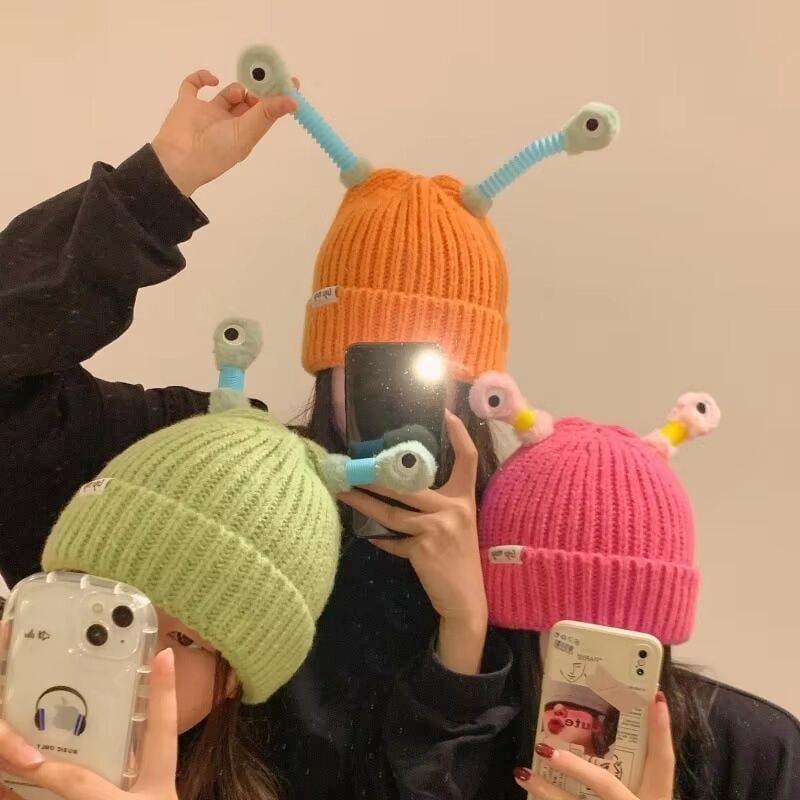 Picture of Cute Glowing Little Monster Knit Beanie Hat – Cartoon Luminous Antennae Warm Wool Cap | Kids & Women Winter Hat | Parent-Child Matching Knitted Beanie | Funny Monster Yarn Cap for Autumn & Winter - The Asia Express-Multicolor (One size)