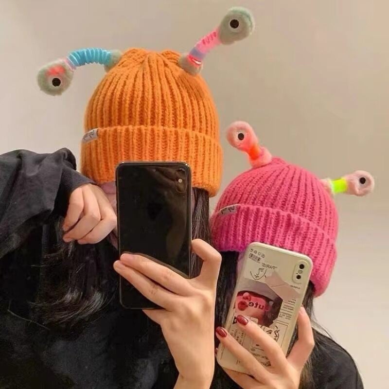 Picture of Cute Glowing Little Monster Knit Beanie Hat – Cartoon Luminous Antennae Warm Wool Cap | Kids & Women Winter Hat | Parent-Child Matching Knitted Beanie | Funny Monster Yarn Cap for Autumn & Winter - The Asia Express-Multicolor (One size)