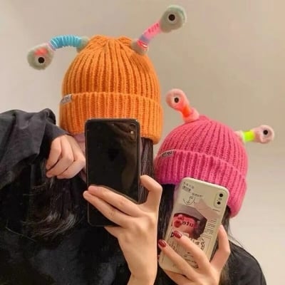 Picture of Cute Glowing Little Monster Knit Beanie Hat – Cartoon Luminous Antennae Warm Wool Cap | Kids & Women Winter Hat | Parent-Child Matching Knitted Beanie | Funny Monster Yarn Cap for Autumn & Winter - The Asia Express-Multicolor (One size)