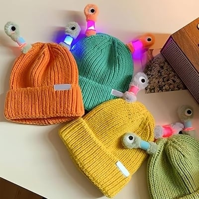 Picture of Cute Glowing Little Monster Knit Beanie Hat – Cartoon Luminous Antennae Warm Wool Cap | Kids & Women Winter Hat | Parent-Child Matching Knitted Beanie | Funny Monster Yarn Cap for Autumn & Winter - The Asia Express-Multicolor (One size)