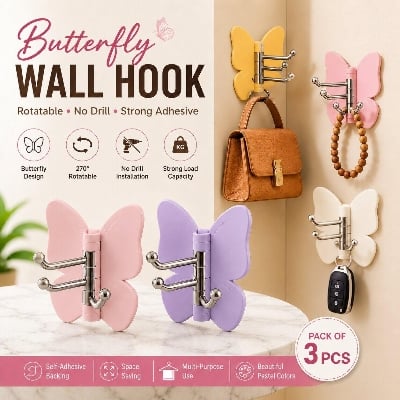 Picture of 3 Pcs Adjustable Rotatable Butterfly Wall Hooks – 270° Self-Adhesive No-Drill 3-Prong Multipurpose Hanger for Keys, Jewelry, Scarves, Bathroom, Closet, Entryway, Vanity, Kitchen & Bedroom - The Asia Express-Multicolor
