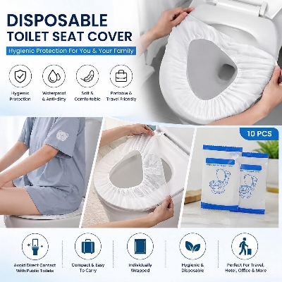 Picture of 10 Pcs Individually Wrapped Disposable Toilet Seat Covers – Waterproof Non-Woven Travel Toilet Seat Mats for Public Restrooms, Hotels, Airplane & Camping - The Asia Express-White