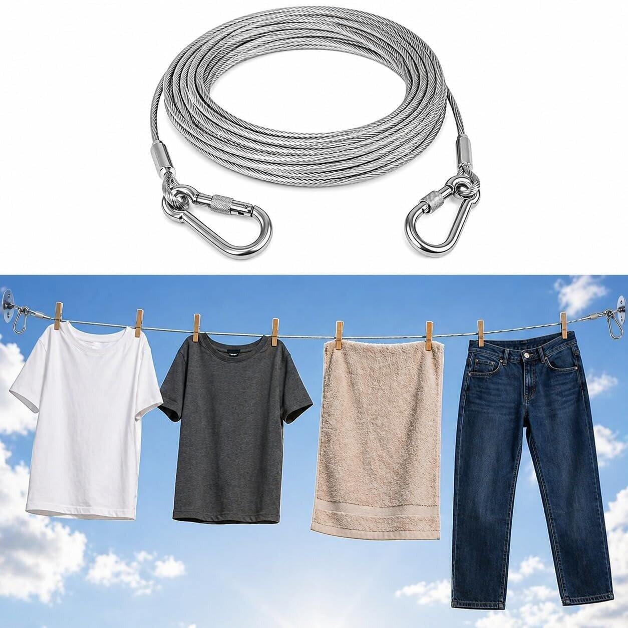 Picture of Heavy Duty Stainless Steel Clothesline Rope with Safety Hooks – Rust-Resistant Portable Clothes Drying Wire for Home, Balcony, Travel, Camping & Outdoor Use - The Asia Express-Silver