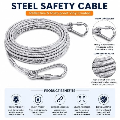 Picture of Heavy Duty Stainless Steel Clothesline Rope with Safety Hooks – Rust-Resistant Portable Clothes Drying Wire for Home, Balcony, Travel, Camping & Outdoor Use - The Asia Express-Silver