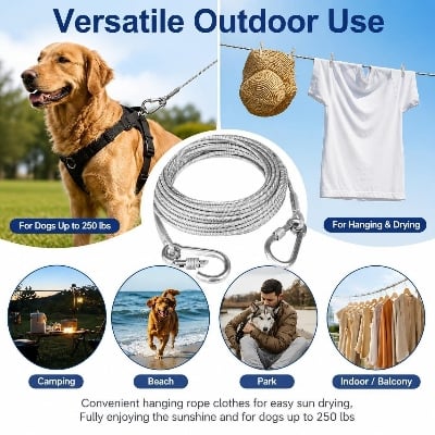 Picture of Heavy Duty Stainless Steel Clothesline Rope with Safety Hooks – Rust-Resistant Portable Clothes Drying Wire for Home, Balcony, Travel, Camping & Outdoor Use - The Asia Express-Silver