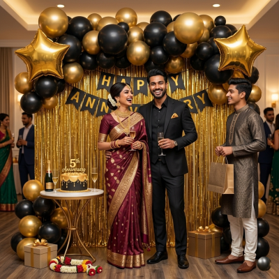 Premium Happy Anniversary Decoration Combo Set with Metallic Balloons and Foil Curtain