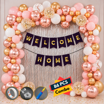 86 Pcs Rose Gold Pink and White Welcome Home Balloon Garland Arch Kit with Foil Curtain and Banner