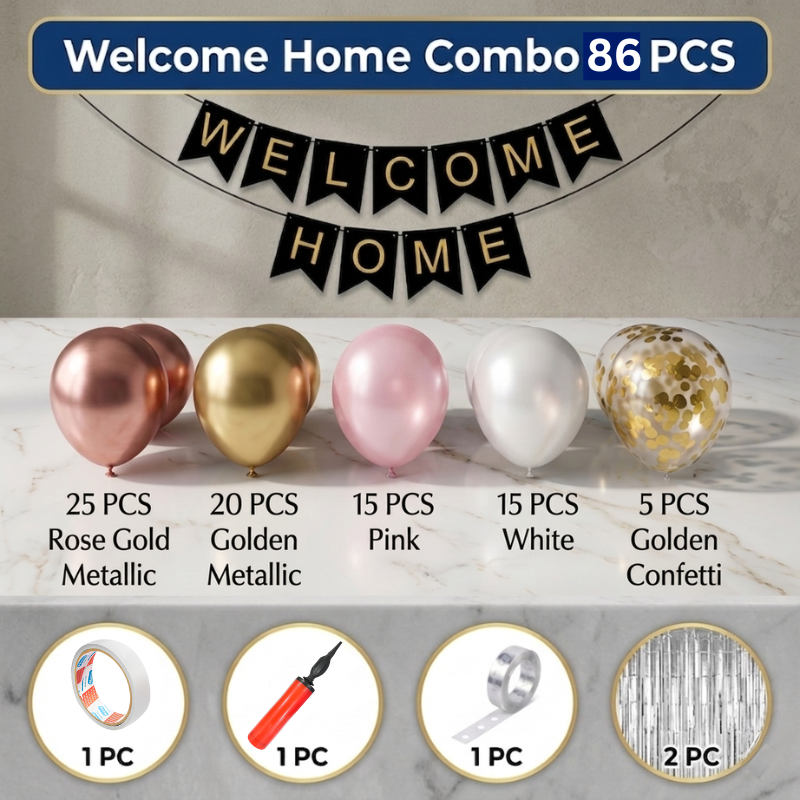 86 Pcs Rose Gold Pink and White Welcome Home Balloon Garland Arch Kit with Foil Curtain and Banner