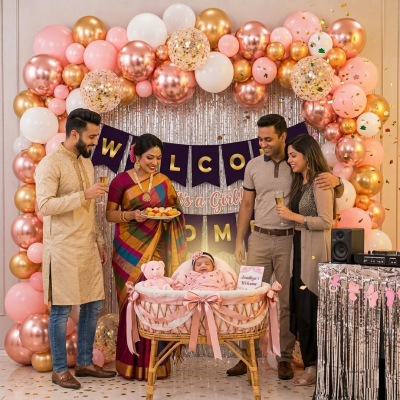 86 Pcs Rose Gold Pink and White Welcome Home Balloon Garland Arch Kit with Foil Curtain and Banner