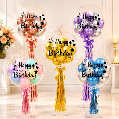 Happy Birthday Bobo Balloon Bouquet Set with Table Stand Ribbon and Metallic Balloons 15 Pcs