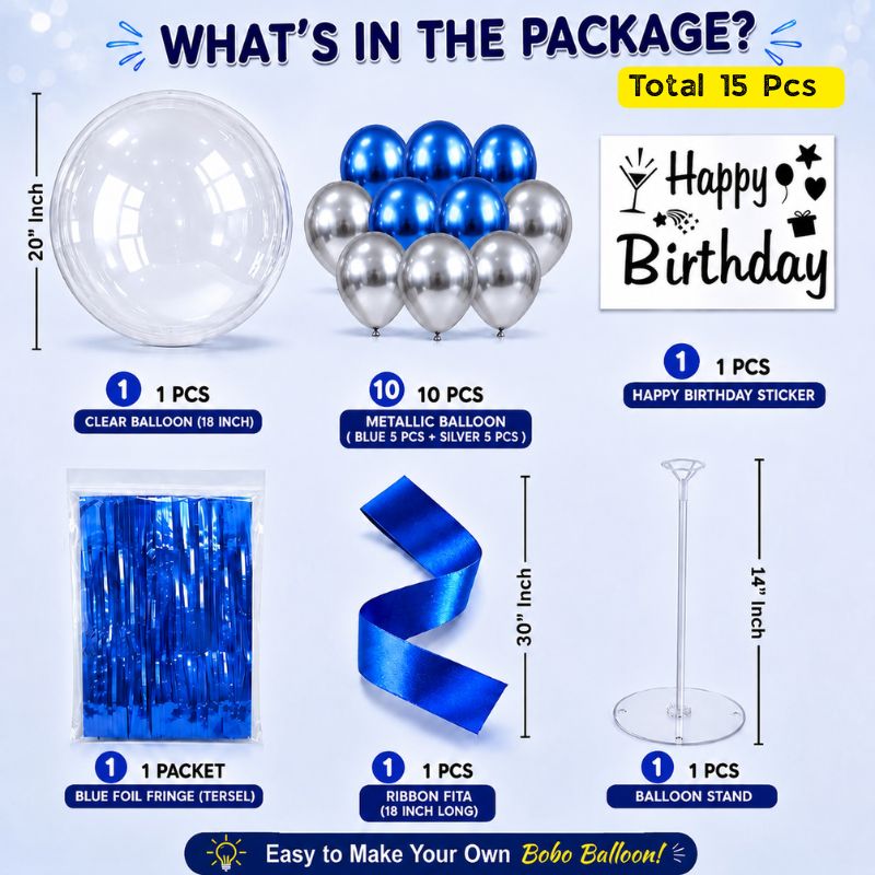 Happy Birthday Bobo Balloon Bouquet Set with Table Stand Ribbon and Metallic Balloons 15 Pcs
