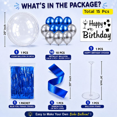 Happy Birthday Bobo Balloon Bouquet Set with Table Stand Ribbon and Metallic Balloons 15 Pcs