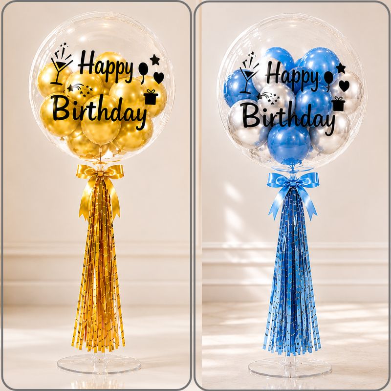 Happy Birthday Bobo Balloon Bouquet Set with Table Stand Ribbon and Metallic Balloons 15 Pcs