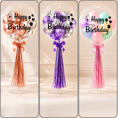 Happy Birthday Bobo Balloon Bouquet Set with Table Stand Ribbon and Metallic Balloons 15 Pcs