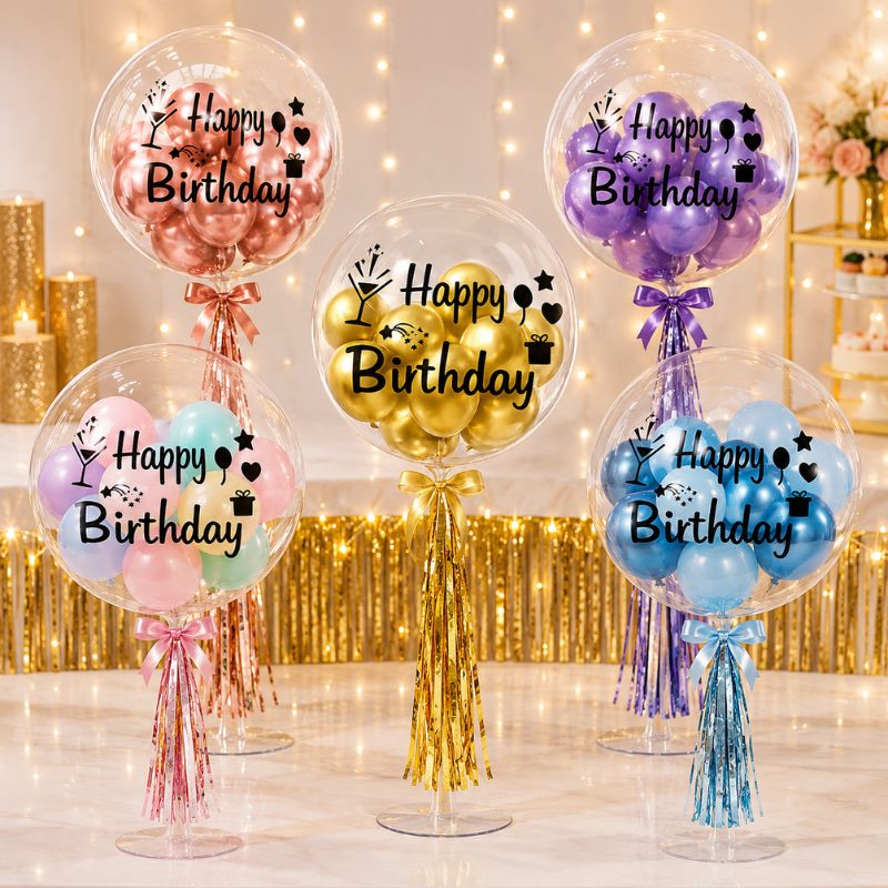 Happy Birthday Bobo Balloon Bouquet Set with Table Stand Ribbon and Metallic Balloons 15 Pcs