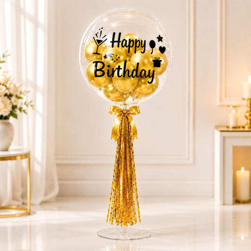 Happy Birthday Bobo Balloon Bouquet Set with Table Stand Ribbon and Metallic Balloons 15 Pcs