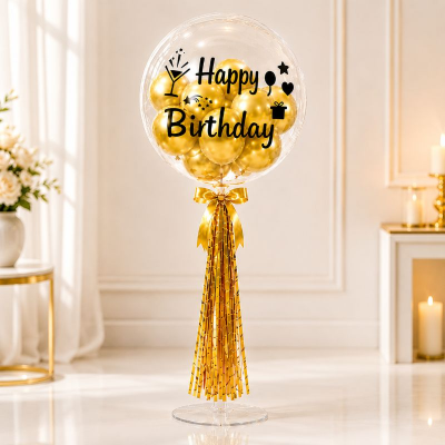 Happy Birthday Bobo Balloon Bouquet Set with Table Stand Ribbon and Metallic Balloons 15 Pcs